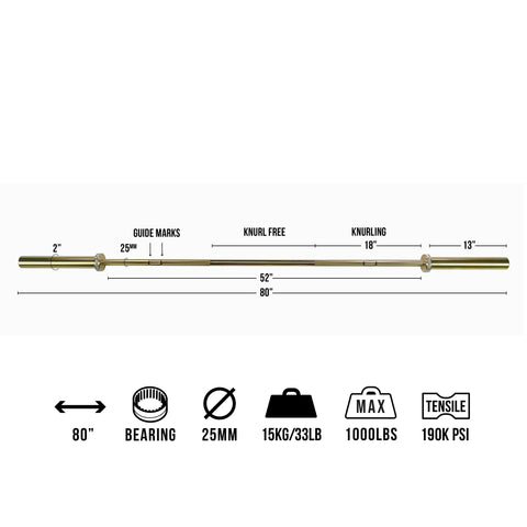 Gold Coated Needle Bearing Barbell 80" 25mm
